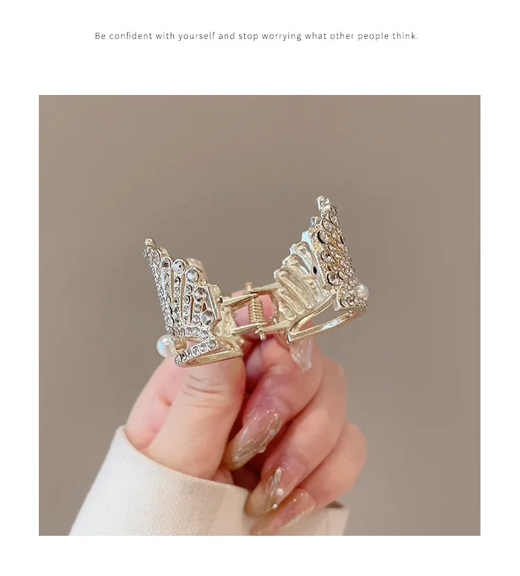 1pc Elegant Crystal Shark Hair Claw High Ponytail Clip Fixed Artifact Women's Pearl Crown Hair Clip Hair Accessory