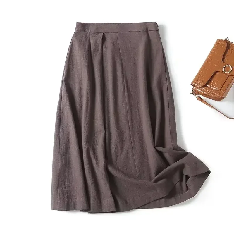 

Ladies 2023 Chic Fashion Cotton and Linen Fabric Pleated Design Comfortable Skirt Retro High Waist Zipper Skirt Mujer