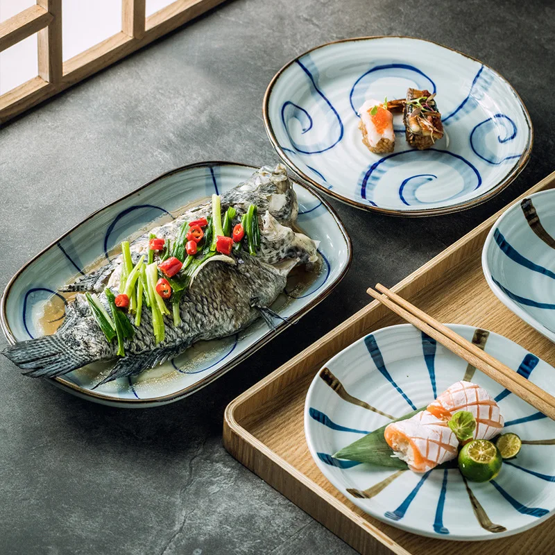 

Japanese Ceramic Plate Oval Steamed Fish Plate Hand-painted Hotel Chinese and Western Restaurant Sushi Dim Sum Round Plate