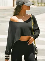 Haut court à manches longues et épaules dénudées pour femme, Vintage des années 2000, Streetwear décontracté, Style Harajuku, T-Shirt ample pour l'automne 5