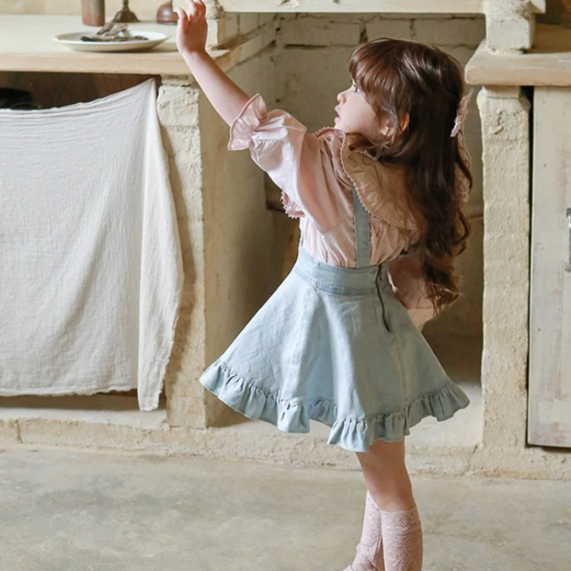Girls' Suspender Dress Spring Strawberry Shan Han Ruffled Denim Sling Trendy Comfortable Cute Sweet