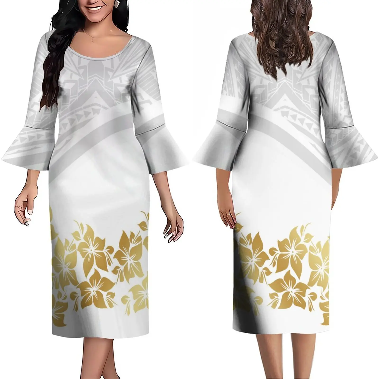 

Polynesian Tailored Women's Slim-Fit Dress Summer Long Sleeve Comfortable Breathable Maxi Dress Vintage Tribal Design Print