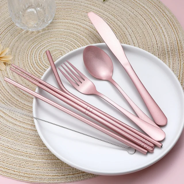 Set di utensili da viaggio – Posate portatili riutilizzabili con custodia per il trasporto per pranzo, campeggio, scuola e picnic 6