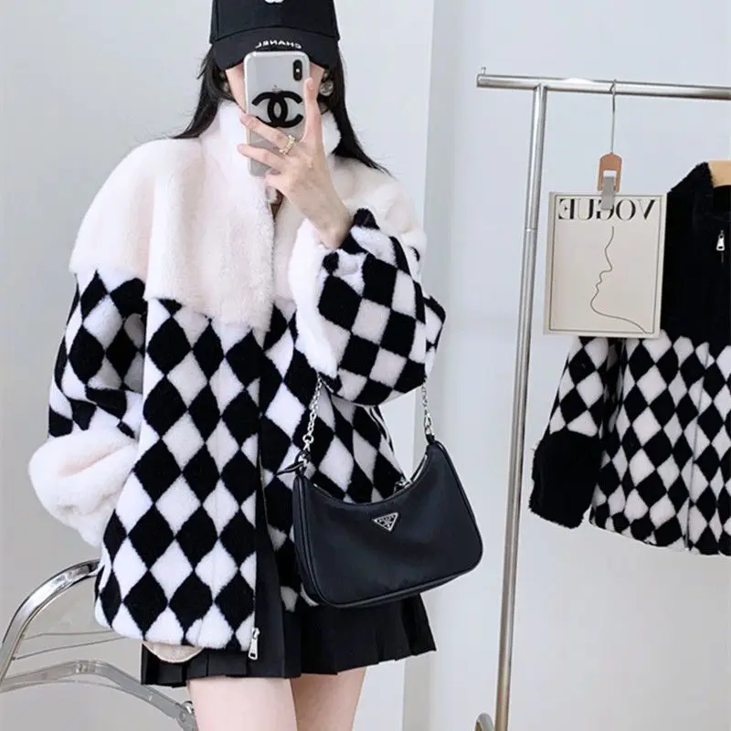 Checkerboard imitation mink wool winter clothes women thick stand collar jacket women clothing loose coat women jackets tops