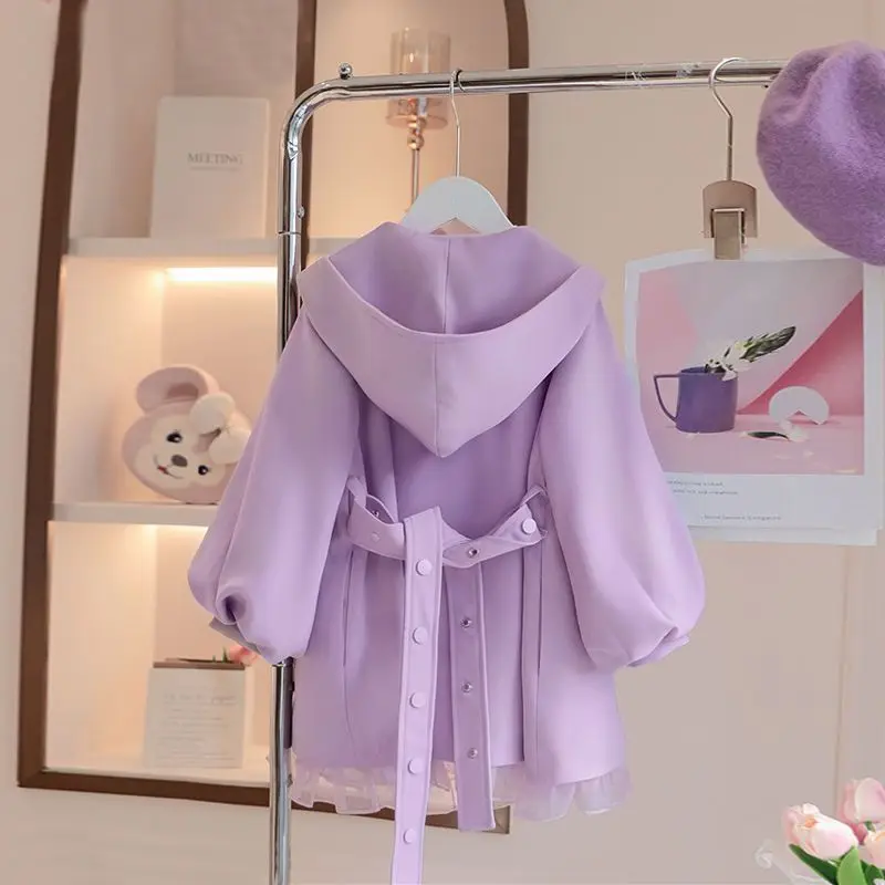 

Girls' Hooded Trench Cost 2023 Autumn Spring Waist Princess Mid-length Korean Children's Clothing Loose Double Breasted 5-14 Yrs