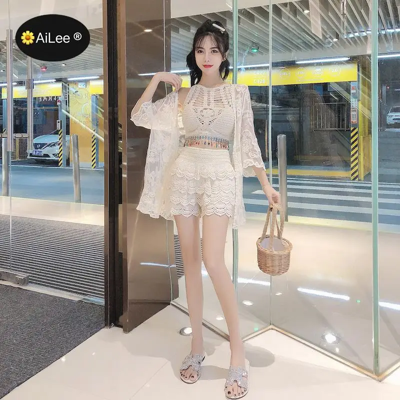 (3pcs Set) Woman Summer Lace Floral Shorts Summer New Ladies Mini Lace Crochet Flower Tiered Women Shorts Summer Clothing