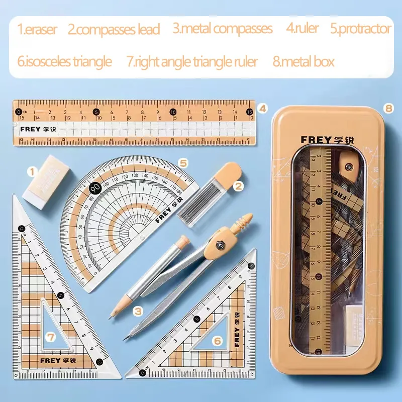 7Pcs Ruler Set Math Drawing Tool Kawaii Geometric Drawing Eraser Compasses Scholar Kit Compass School Supplies Set Stationery