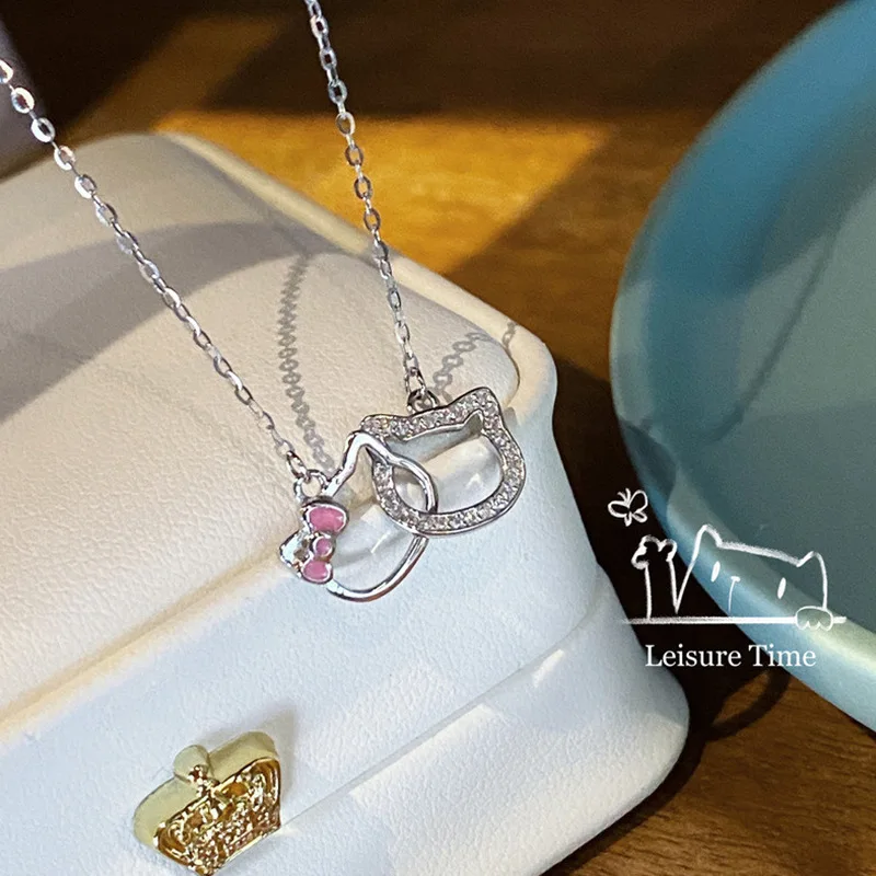 

Sanrio Hellokitty Kawaii Summer New Double Ring Necklace Cute Flash Diamond Ladies Necklace Wear Jewelry Couple Gift