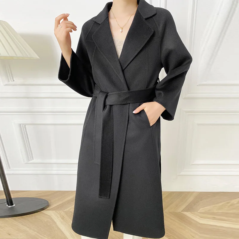 Four Seasons Moze New Cashmere Coat Women's Winter Medium Length High-End Loose Thickened 100% Wool Coat. Coat