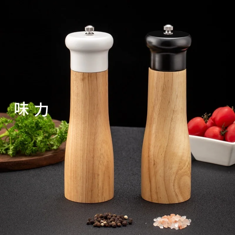 Rubber Wood Top Black White Salt Pepper Grinder Seasoning Spice Mill 8inch