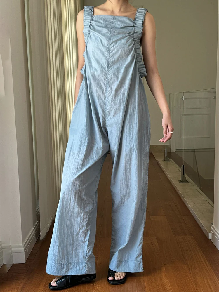 [LANMREM] Backless Nylon Jumpsuit For Women High Straight Waist Wide Leg Pants Fashion Clothing Gray 2024 Summer New 26D9357