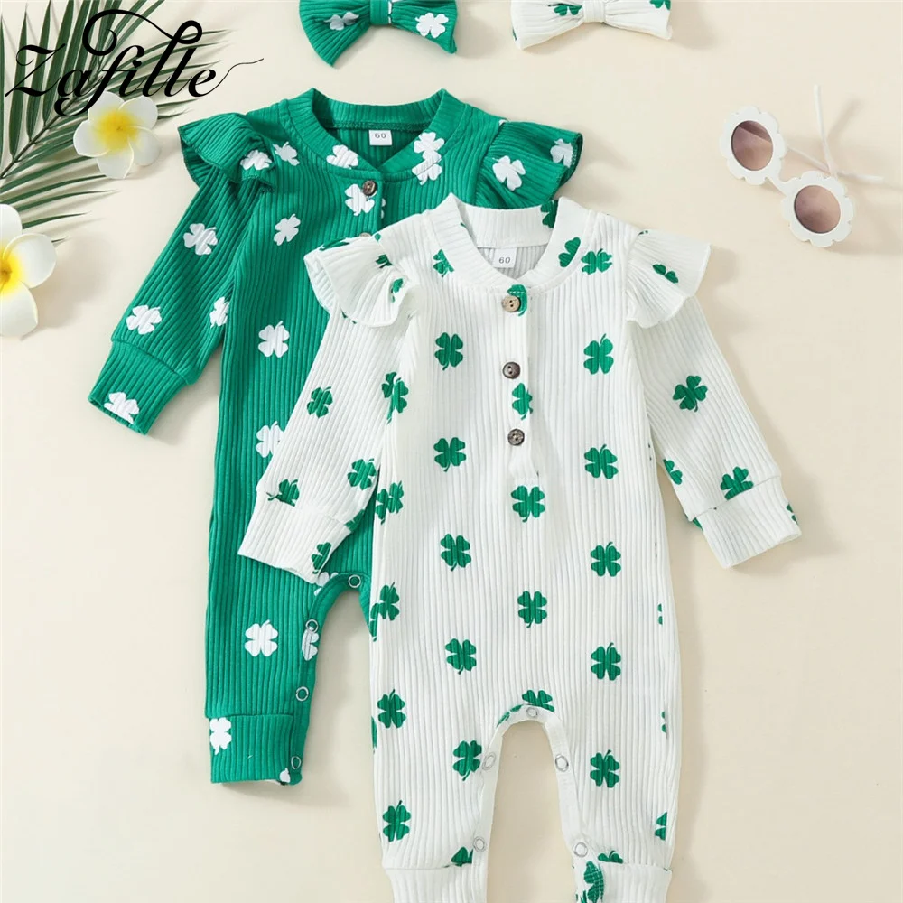 

ZAFILLE Flying Sleeve Baby's Rompers Four Leaf Clover Print Jumpsuit For Newborns St. Patrick's Day Costume Kids Girls Clothing