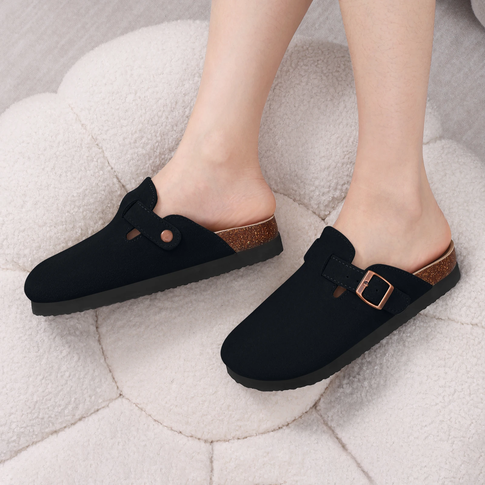 Women's Leather Mules Suede Clogs With Adjustable Strap Cork Sole_voghion.com