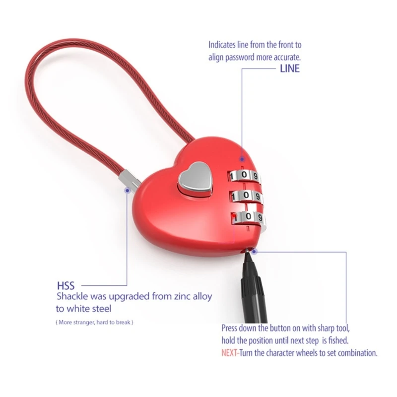 Love Shape Lock Wedding Gift Heart Password Code Padlock Trolley-Case Concentric-Lock Long Wire Rope Password Padlock mini padlock,combination lock,security padlock,luggage padlock,travel padlock,digit combination lock,love heart lock