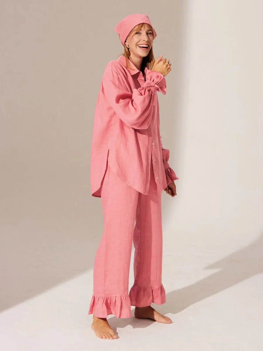 Bornladies 100% Cotton Fashionable Ruffled Shirt Pants Set Woman's Autumn New Flared Sleeve Cardigan Pants Set