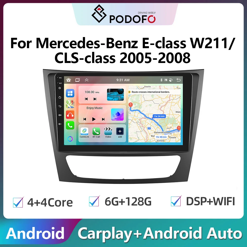 

Автомагнитола Podofo, 2din, Android, для Mercedes-Benz E-class W211/CLS-class 2005-2008, 6 ГБ + 128 ГБ, Carplay, стерео плеер, GPS-навигация