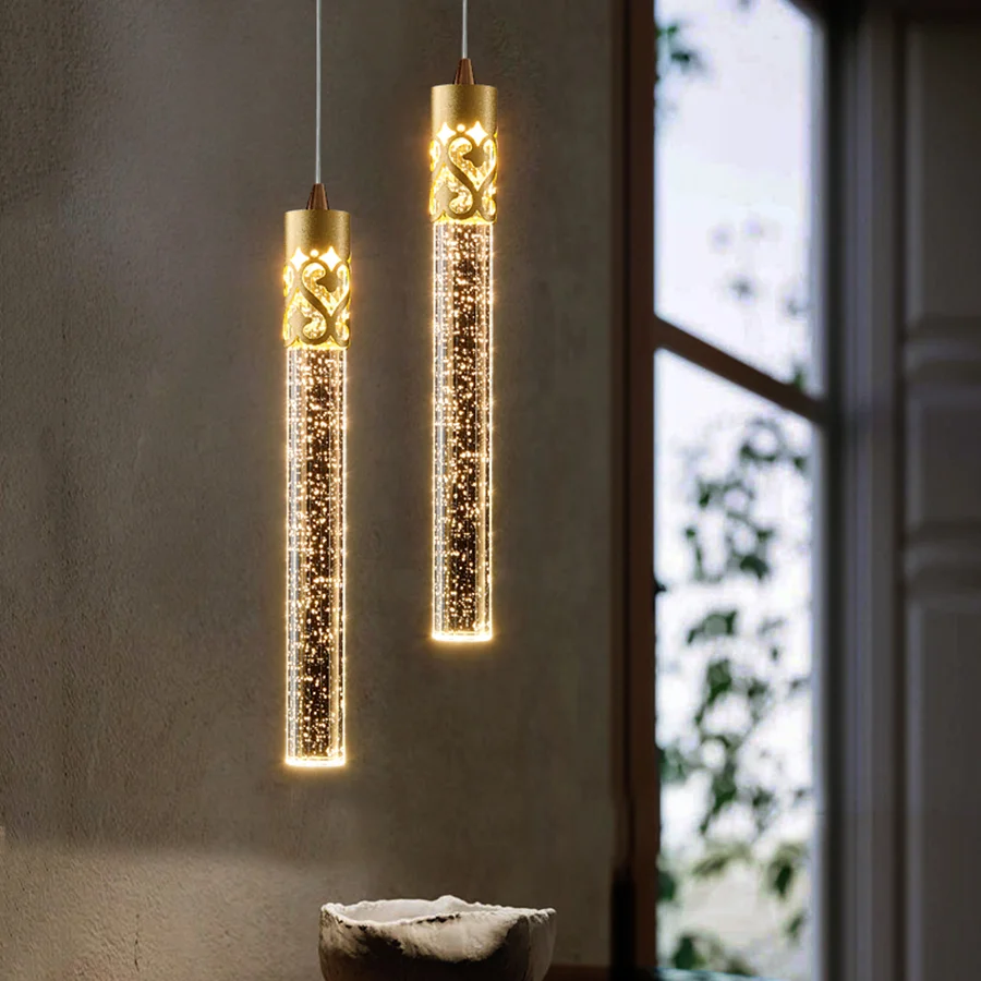 

Luxury Crystal Led Pendant Light Bedroom Bedside Long Tube Hanging Light Restaurant Bar Counter Chandelier Pendant Lamps