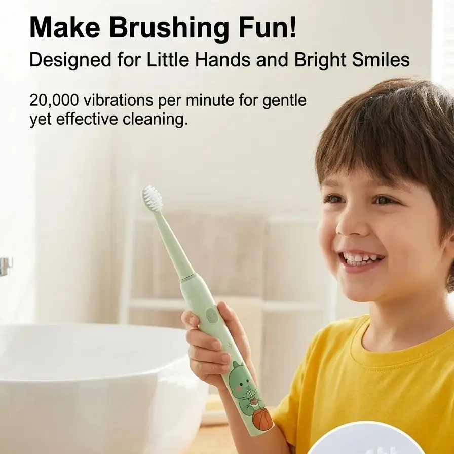 어린이용 음파 전동 칫솔 20000 VPM 부드러운 세척, IPX7 방수 어린이용 전동 칫솔(듀폰 항균 기능 포함)