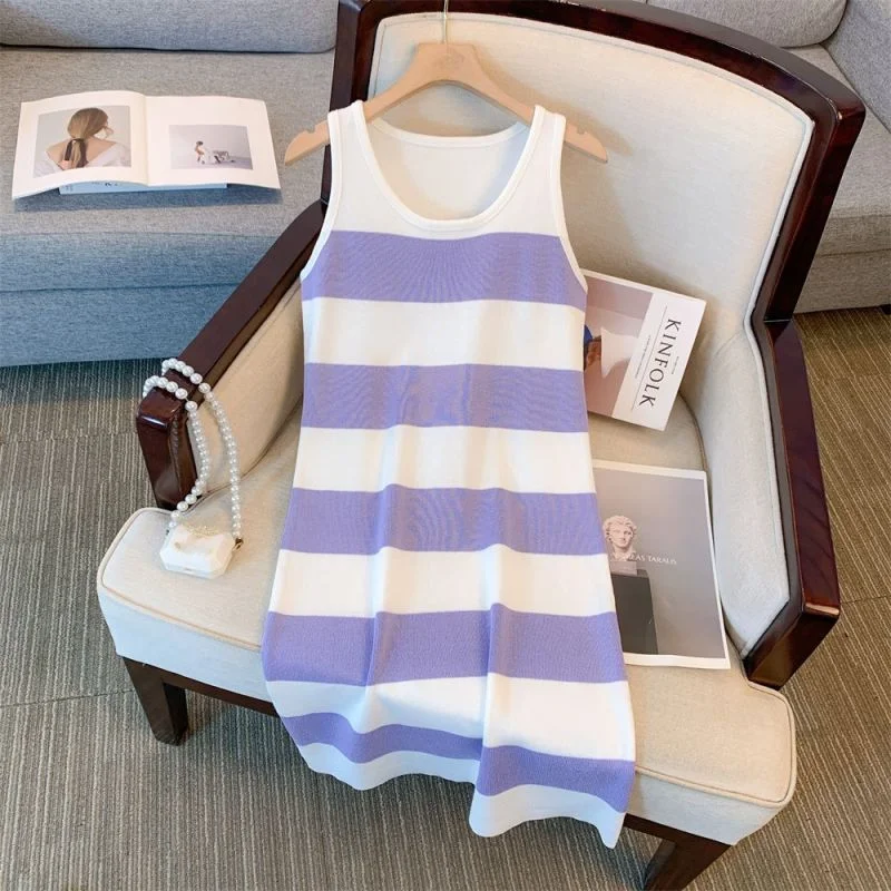 Women's Fashion Elegant Outfits Spring Autumn New Round Neck Stripe Knitted Cardigan Sweater+Two Piece Over Knee Dress Set