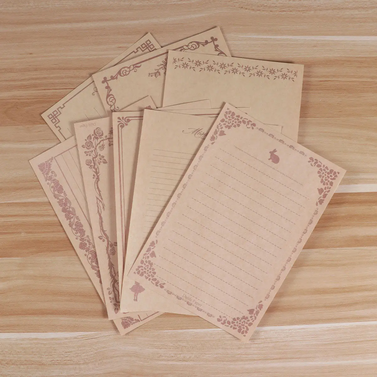 8Pcs 편지지 세트 일치하는 봉투가 있는 빈티지 크래프트 필기용지 토끼 모티브 편지 교류용 부드러운 표면