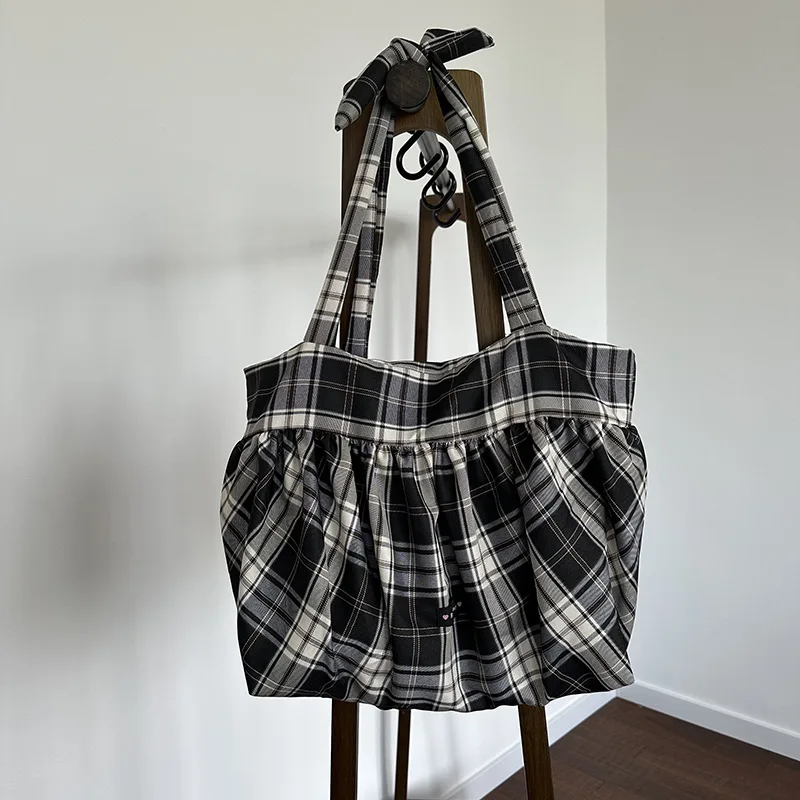 Plaid Canvas Casual Totes Women England Style Strips Shoulder Bags Large Capacity Cloth Shopper Bags Korea Style Cotton Packages
