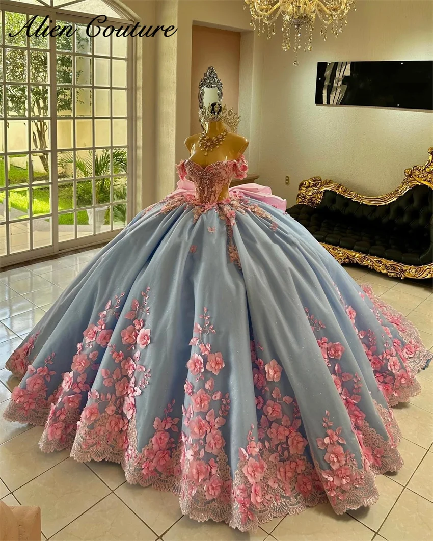 Blue Quinceanera Dresses Princess Bead Crystals Birthday Gowns Pink 3D Flower Appliques Vestidos De 15 Wit Bow Customized
