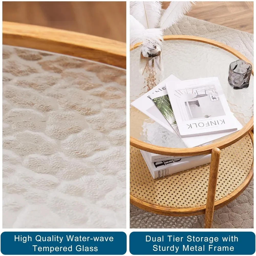 25.6" Rattan Coffee Table, Round Water-Wave Glass Metal Center Table  Modern Coffee Table 4