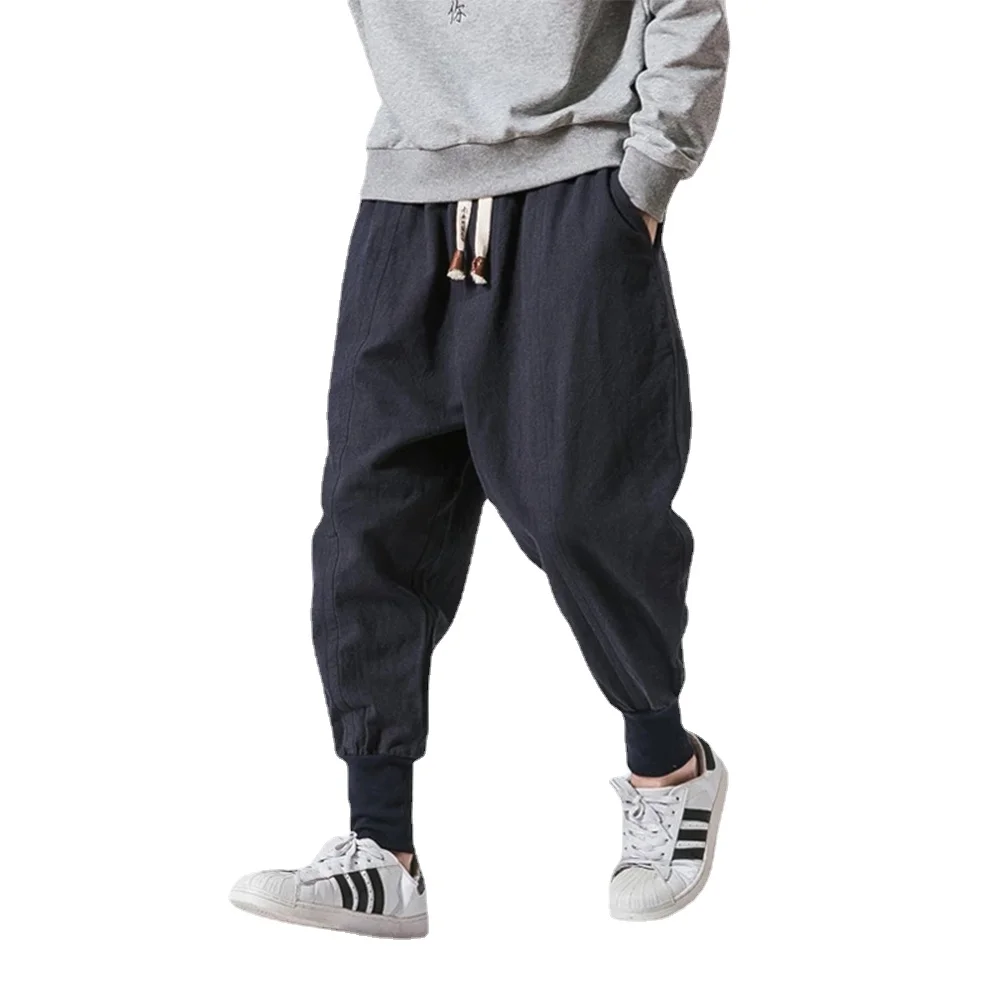 Cotton Linen Harem Pants Men Solid Elastic Waist Streetwear Joggers