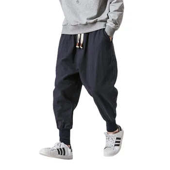 Pantalon sarouel en coton et lin pour hommes, couleur unie, taille élastique, Streetwear, jogging, Baggy, entrejambe goutte, décontracté 1