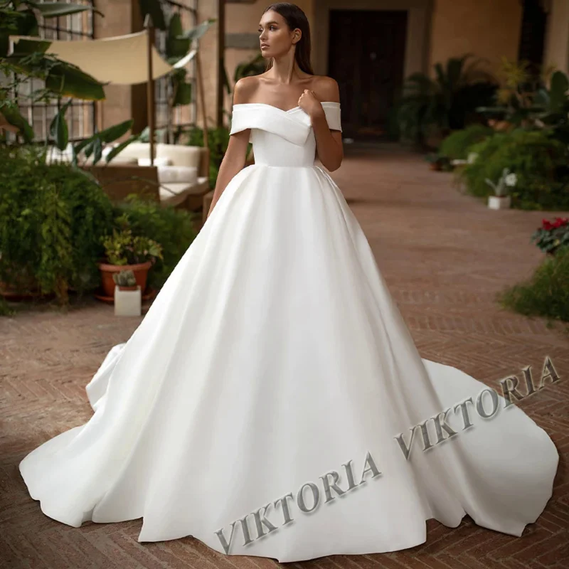 

Elegant Satin Wedding Dress For Woman Off Shoulder Buttons 2024 Bride A-LINE Pleat Vestido De Casamento Custom Made