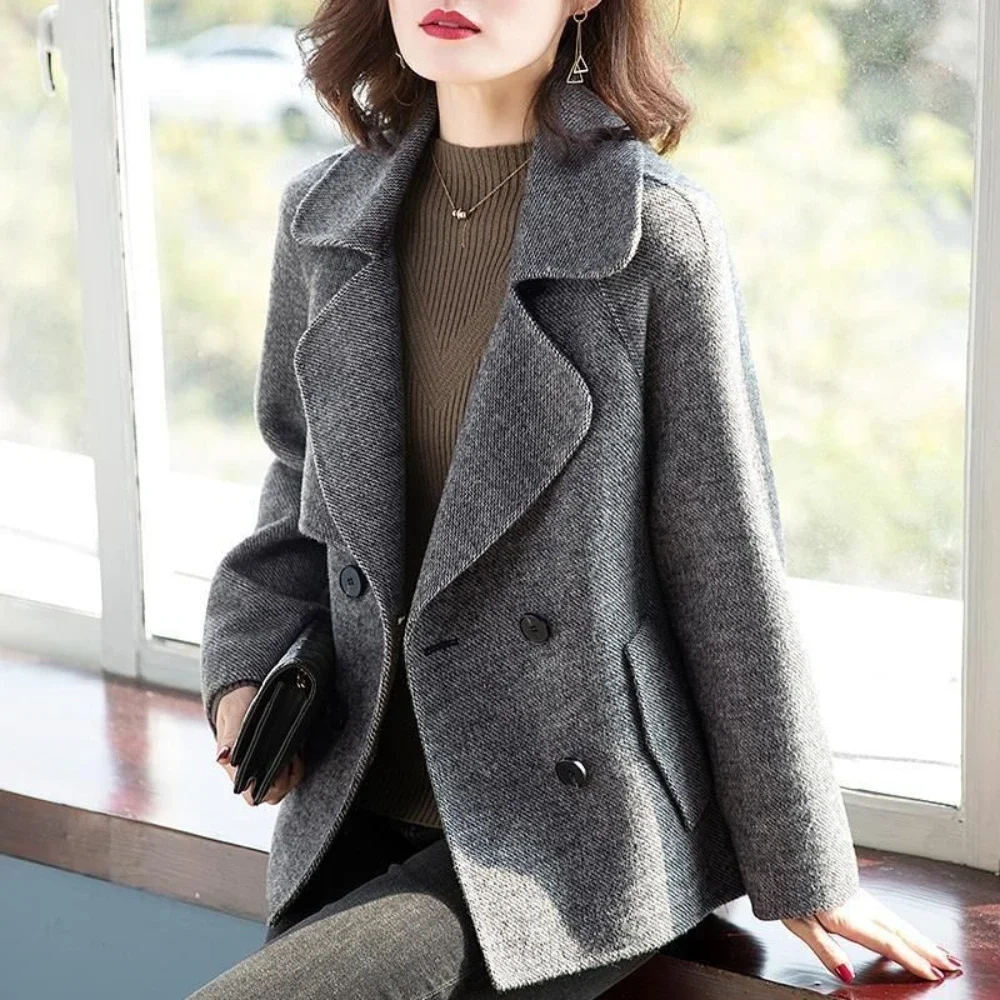 Blazer Wool Blend Coat for Women Half Short Double Breasted Trendy Long Sleeve Mixtures Jacket Woman Cheap Outerwears New In Hot - 3