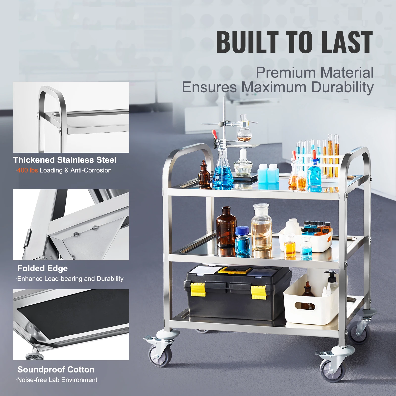 Stainless Steel Utility Cart with Lockable Wheels for Lab Clinic Kitchen