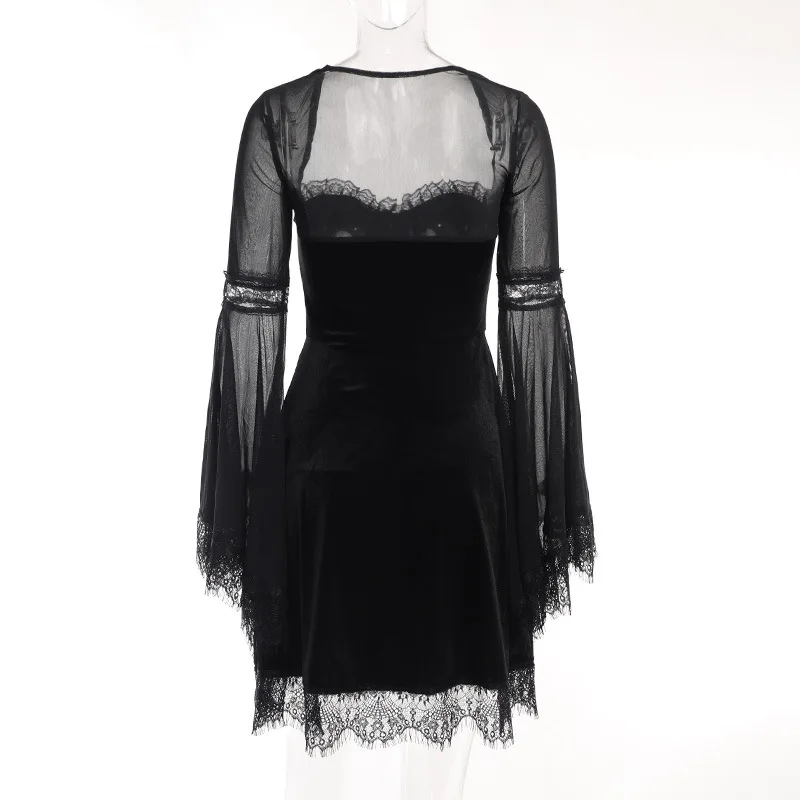 Witchy Gothic Vintage Dress With Flare Sleeves - 1940s 50s Retro Style Lace Dress