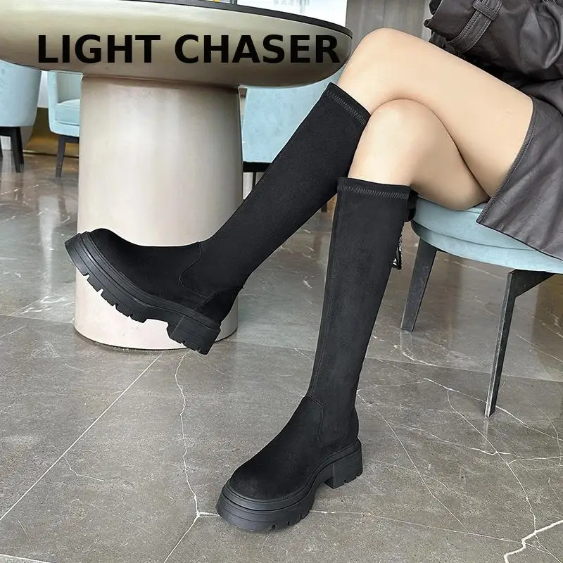 

Winter Women's High Boots Large Suede Extra Casing Fashion Soft Leather Back Zippers Long Botas Ladies Comfort Knee High Booties