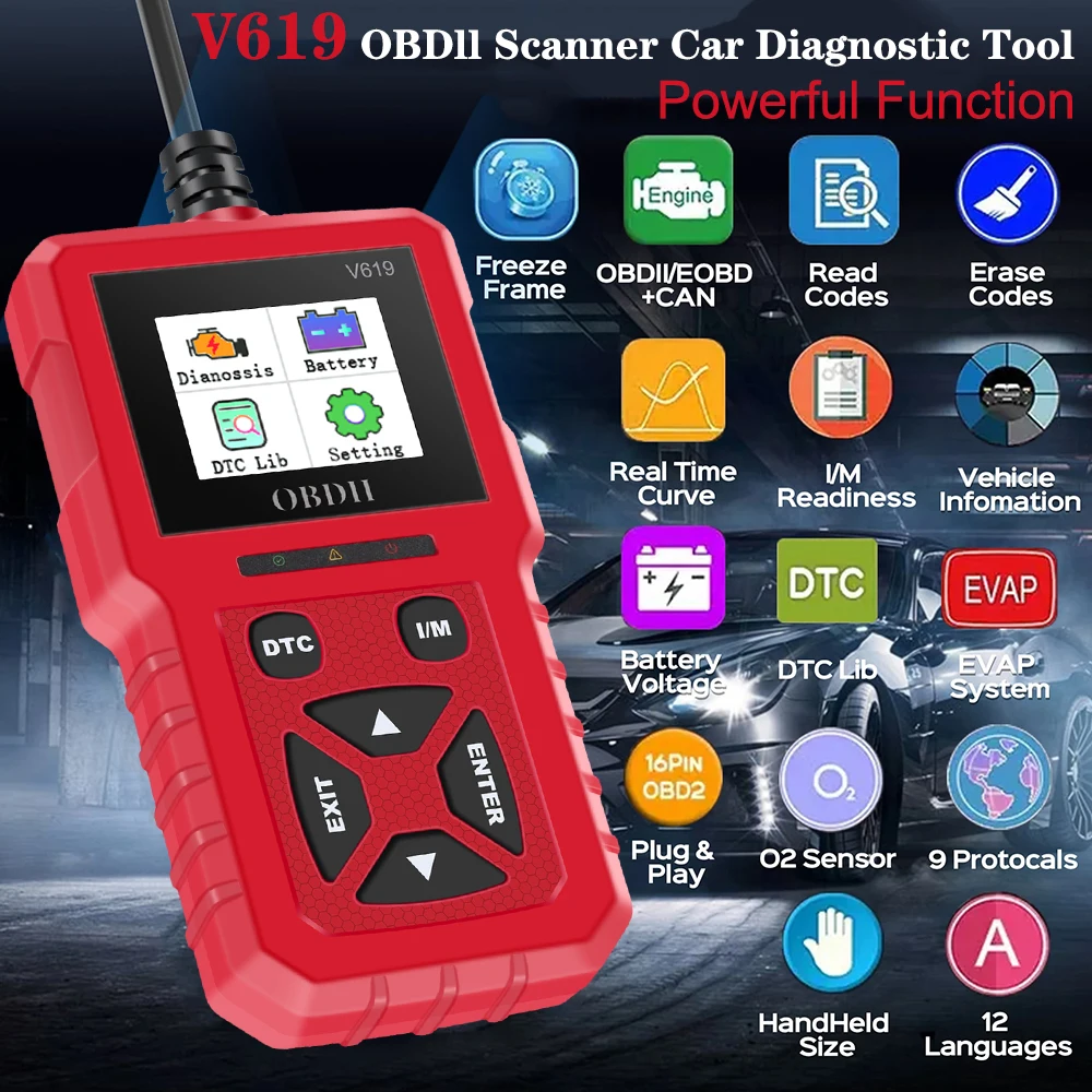 Car Diagnostic Tool Multi-language OBD2 Scanner Check Engine System Battery Tester V619 Read Vehicle Information Code Reader 3