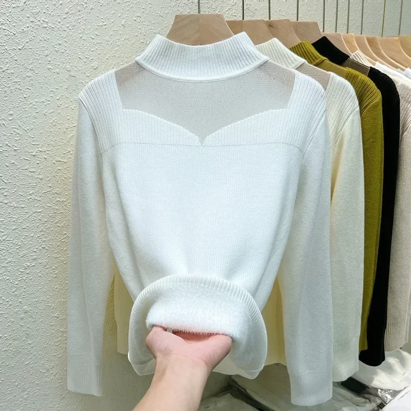 

Fashion Office-lady Warm Pullovers Half High Collar Velvet Knitted Sweater Women Women Thicken Solid Soft Slim Sweaters 29786