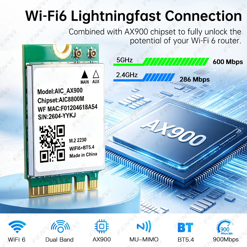 fenvi WiFi 6 블루투스 5.4 M.2 네트워크 카드 AX900 듀얼 밴드 2.4G&5GHz 무선 어댑터(노트북 PC용) Win 10/11