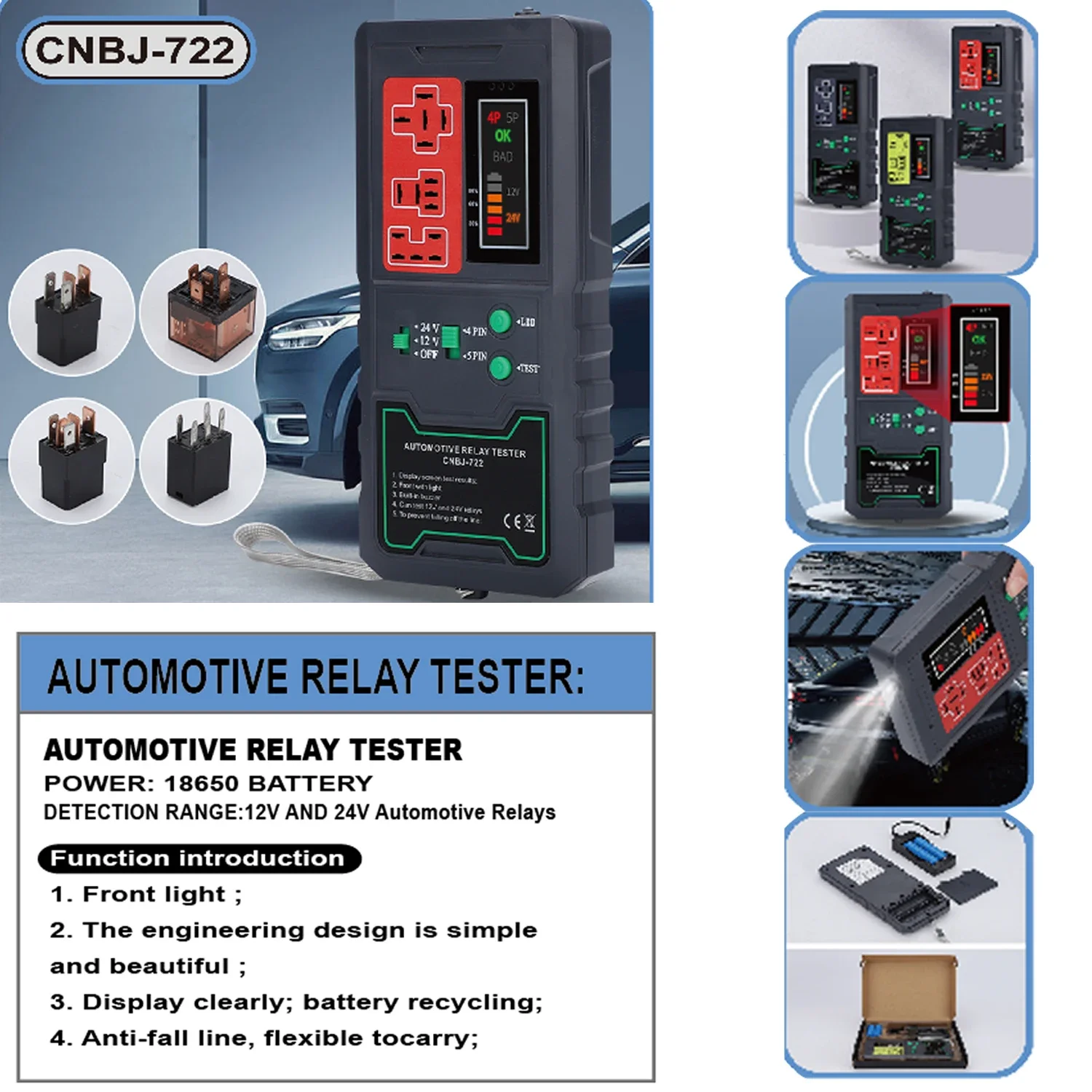 Automotive Relay Tester for 12V/24V 4 and 5 pin Battery Tester relays Analyzer Motorcycle Charging System Diagnostic Tool
