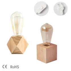Retro Wood Table Lamp E27 Socket Vintage Desk Lamp Base Holder EU Plug Bedside Lamp Decoration Wooden Base Table Light 220V 110V