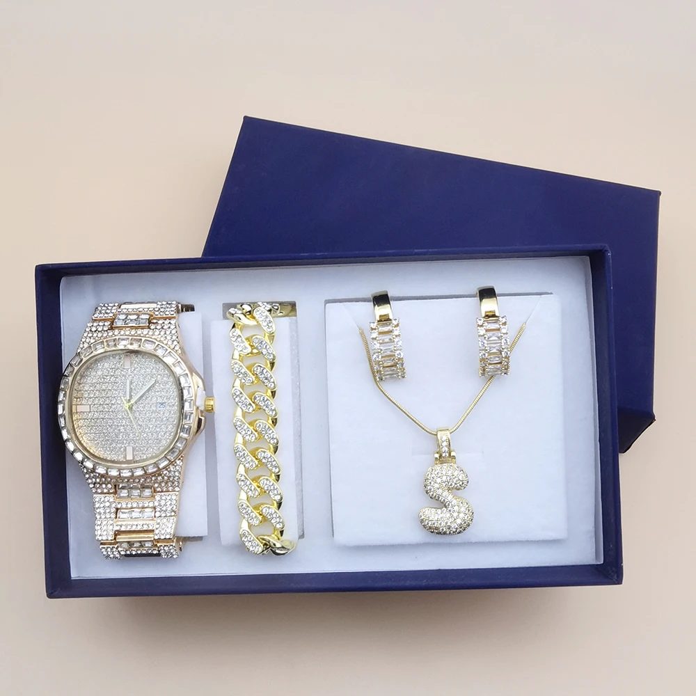 Luxury Women Watch Set Gold Watches Letter Necklaces Bracelet Cuban Chain Rhinestones Bling Jewelry 4Pcs Sets Gifts For women