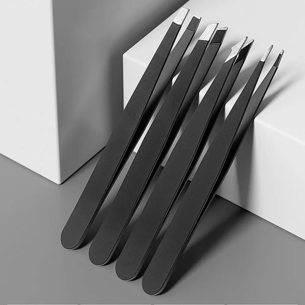 4Pcs/Set Premium Stainless Steel Eyebrow Tweezers Set Slanted Tip Flat Top Ingrown Hair Removal Pointed Professional