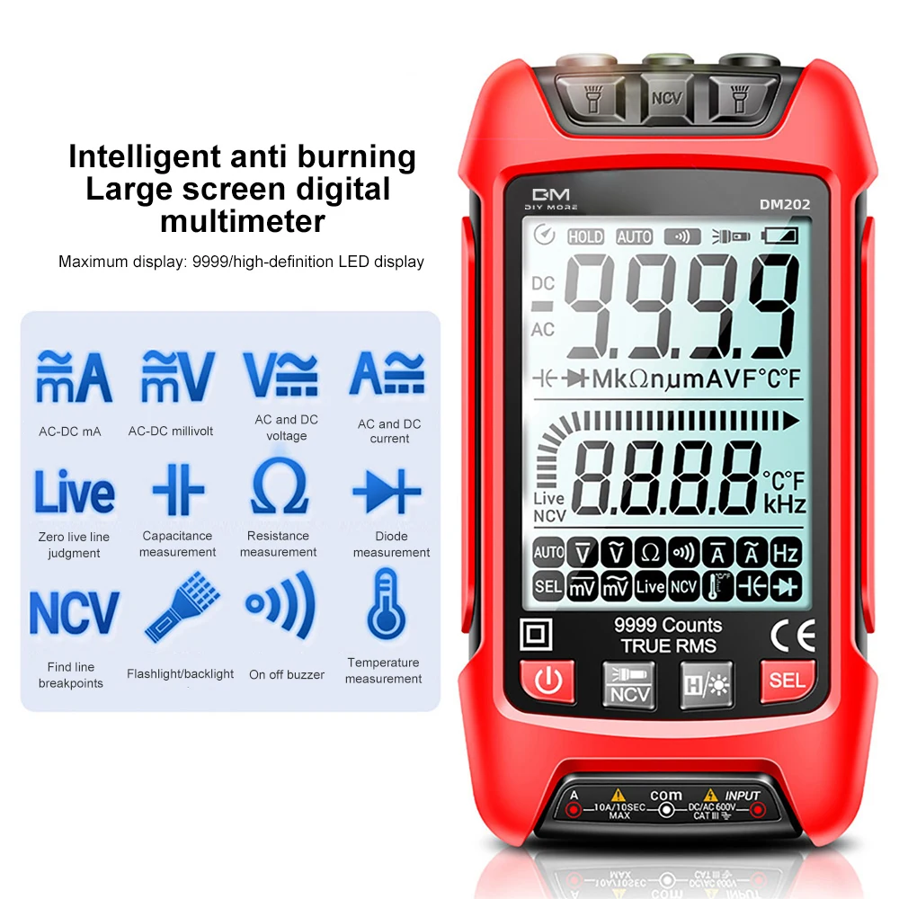 

Smart Digital Multimeter 9999 Counts True RMS Auto Electrical Capacitance Meter Temp Resistance Transistor Testers Mmultimetro