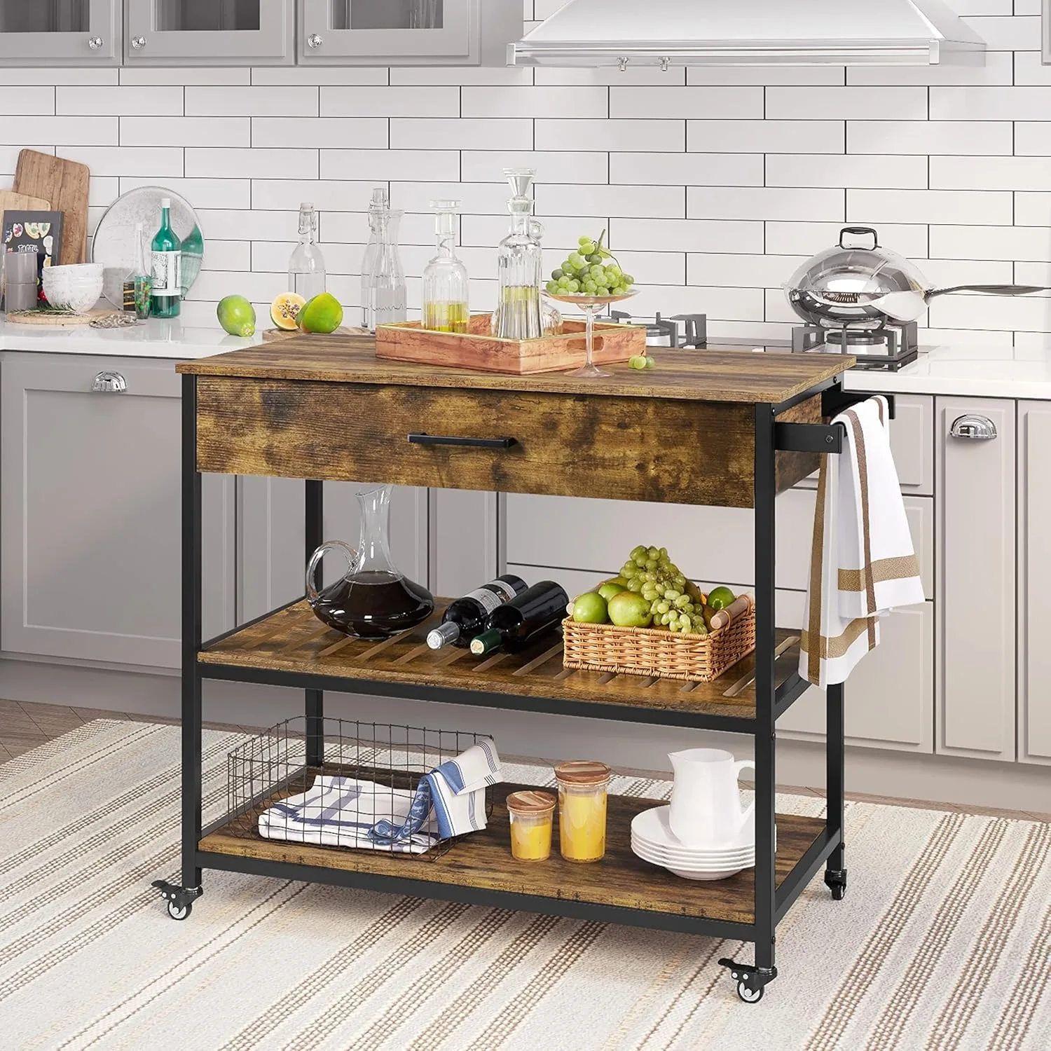 40 Inch Mobile Kitchen Island Cart on Wheels for Home Kitchen, 40 Inch Rolling Utility Trolley Cart,, Rustic Brown 2