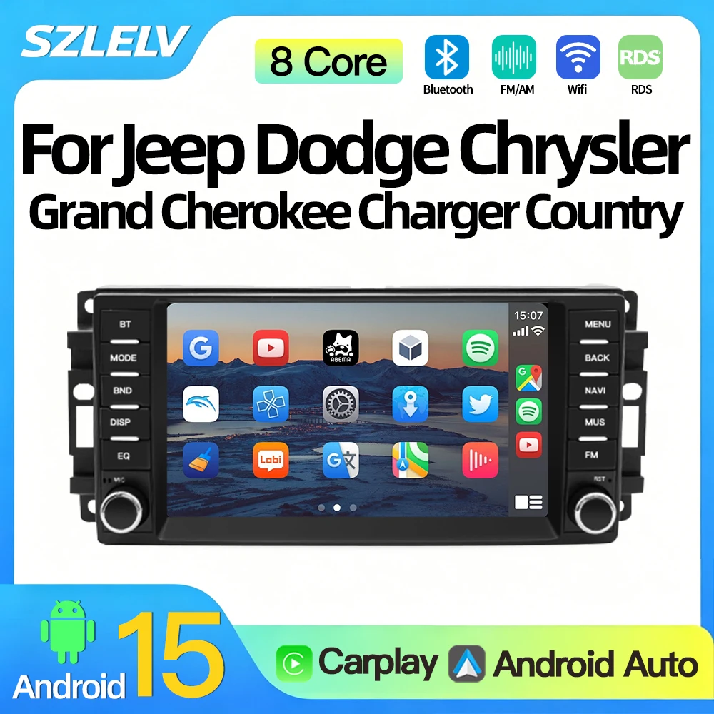 Radio para Auto SZLELV con Carplay Android 15 para Jeep Commander, Cherokee, Wrangler, Dodge, Chrysler Journey, Estéreo Multimedia, GPS, WIFI, 4G, BT 1