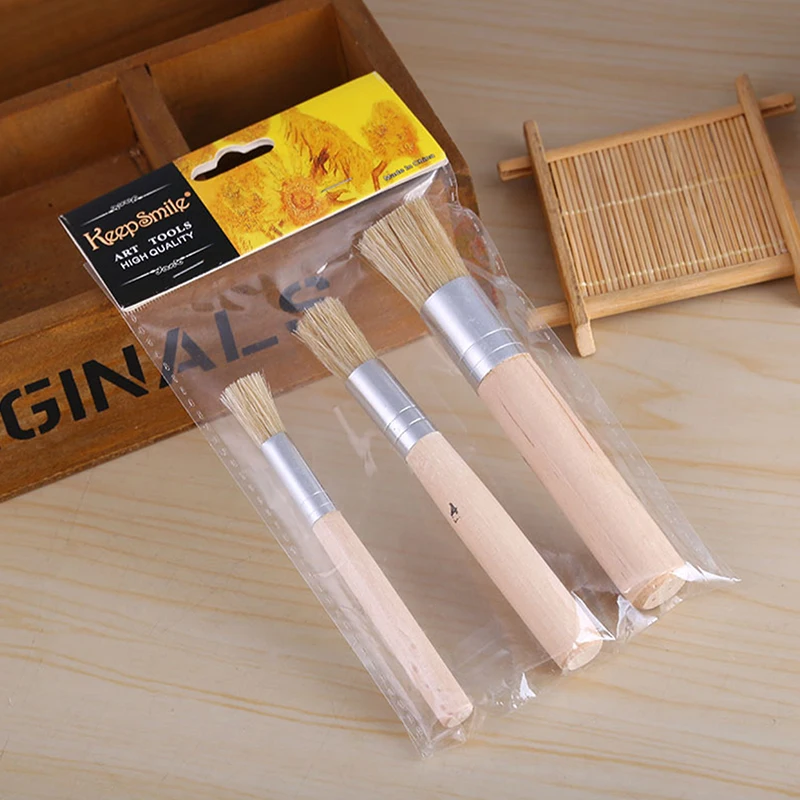 3PCS Wooden Stencil Brush Chalk Paint Natural Pure Hog Bristle Round Painting Arts Supplies 2