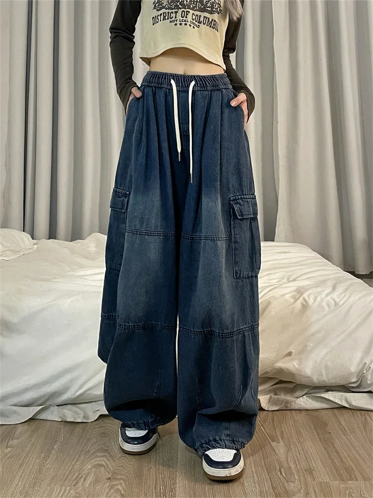 

2024 Harajuku Vintage Blue Cargo Jeans Women Oversized Y2K Grunge Black Baggy Denim Pants Hip Hop Streetwear Wide Leg Trousers