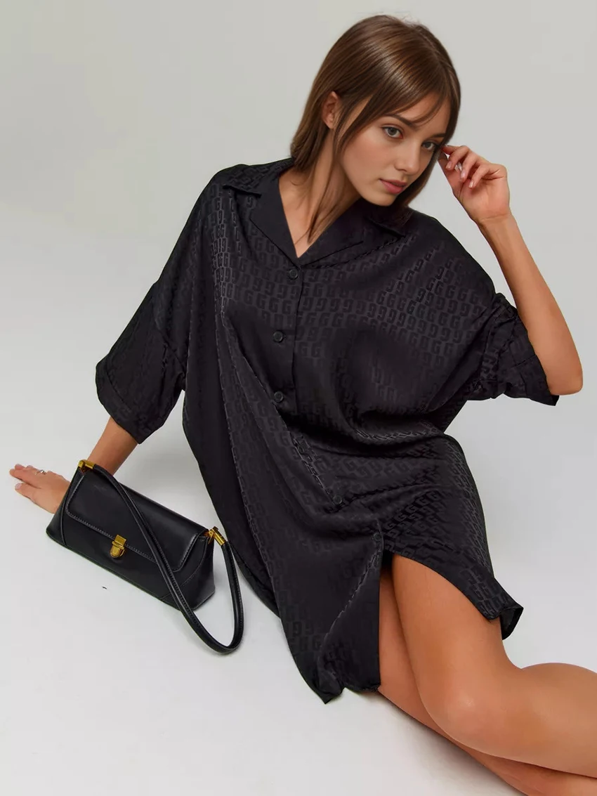 Marthaqiqi Summer New Women'S Nightgowns Sexy Turn-Down Collar Sleepwear Half Sleeve Nightwear Casual Mini Dress Home Clothes