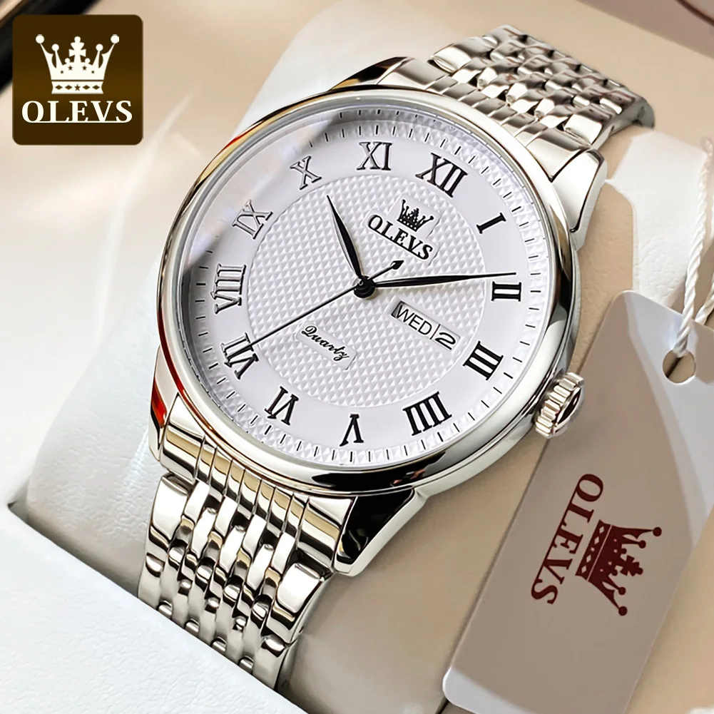 OLEVS Original Quartz Watch for Man Stainless Steel Strap Waterproof Roman Scale Dial Luxury Wristwatches Relogio Masculino