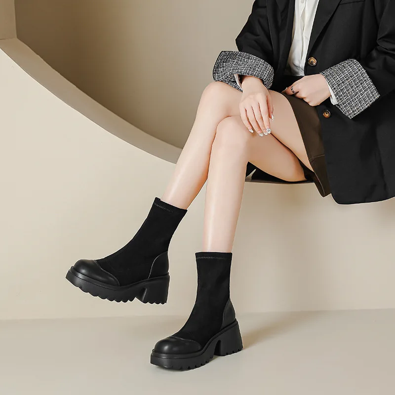 Fujin 7cm Sock Spandex Slip on Platform Wedges Booties Fashion