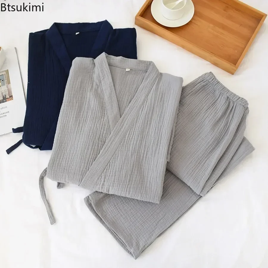 Pajama Sets Japanese Kimono Men's Solid Pajamas Two-pieces Simple Cotton Crepe Cloth Plus Size Lace-up Tops Trousers Home Service Sets